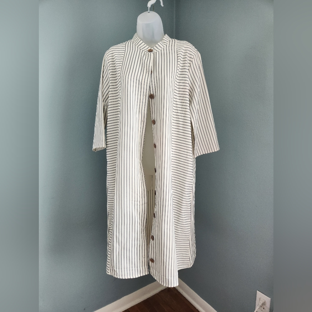 Striped Button-Front Midi Dress in White and Black